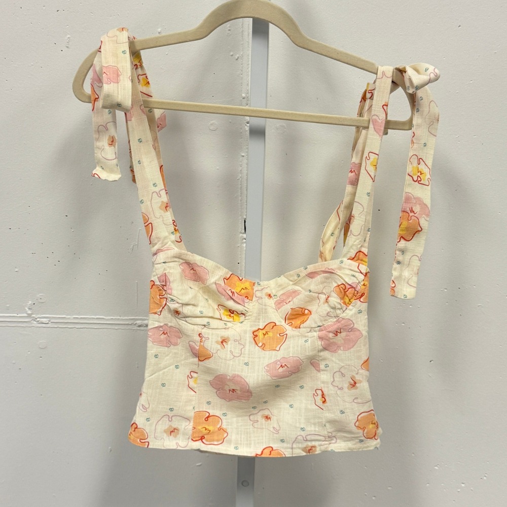 VRG GRL Floral Linen Blend Tie Strap Crop Top Cream Orange Pink‎ Size 6 Boho